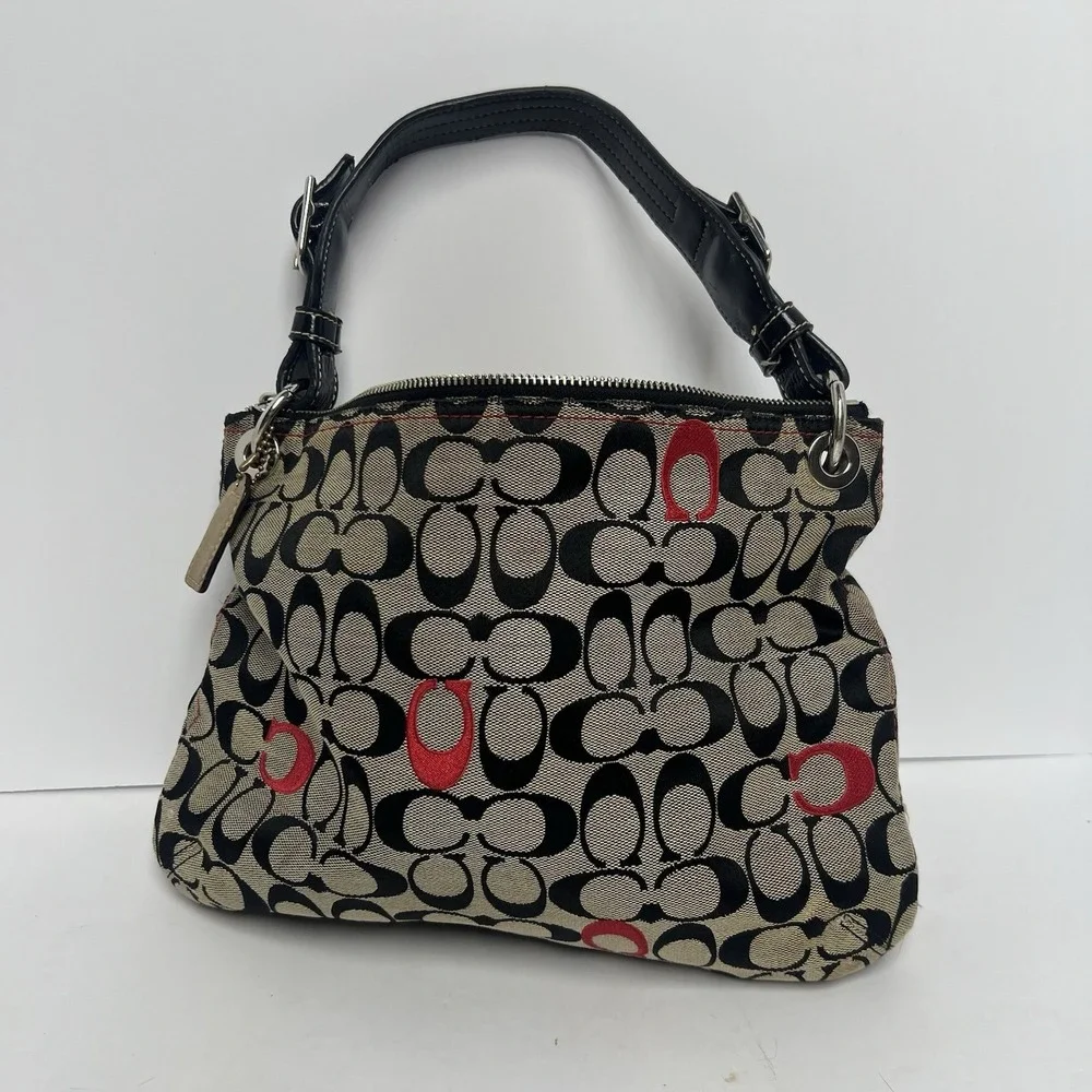 Coach Signature Monogram Hobo Shoulder Bag Black Tan Red Canvas No G1282-21186